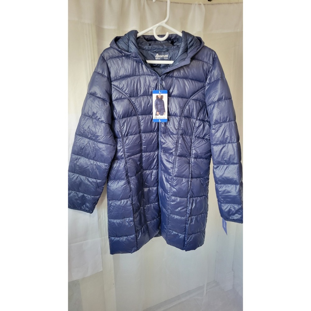NWT Aventure Blue Hooded Puffer Jacket Women L Mid-Length Zip Long Sleeve Solid